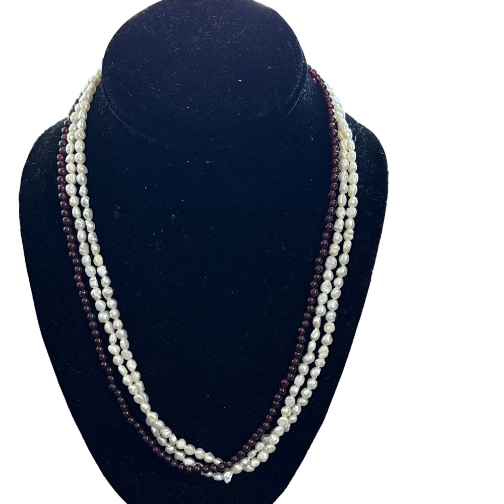 Vintage 2 White Rice Pearl and 1 Garnet Bead Necklace